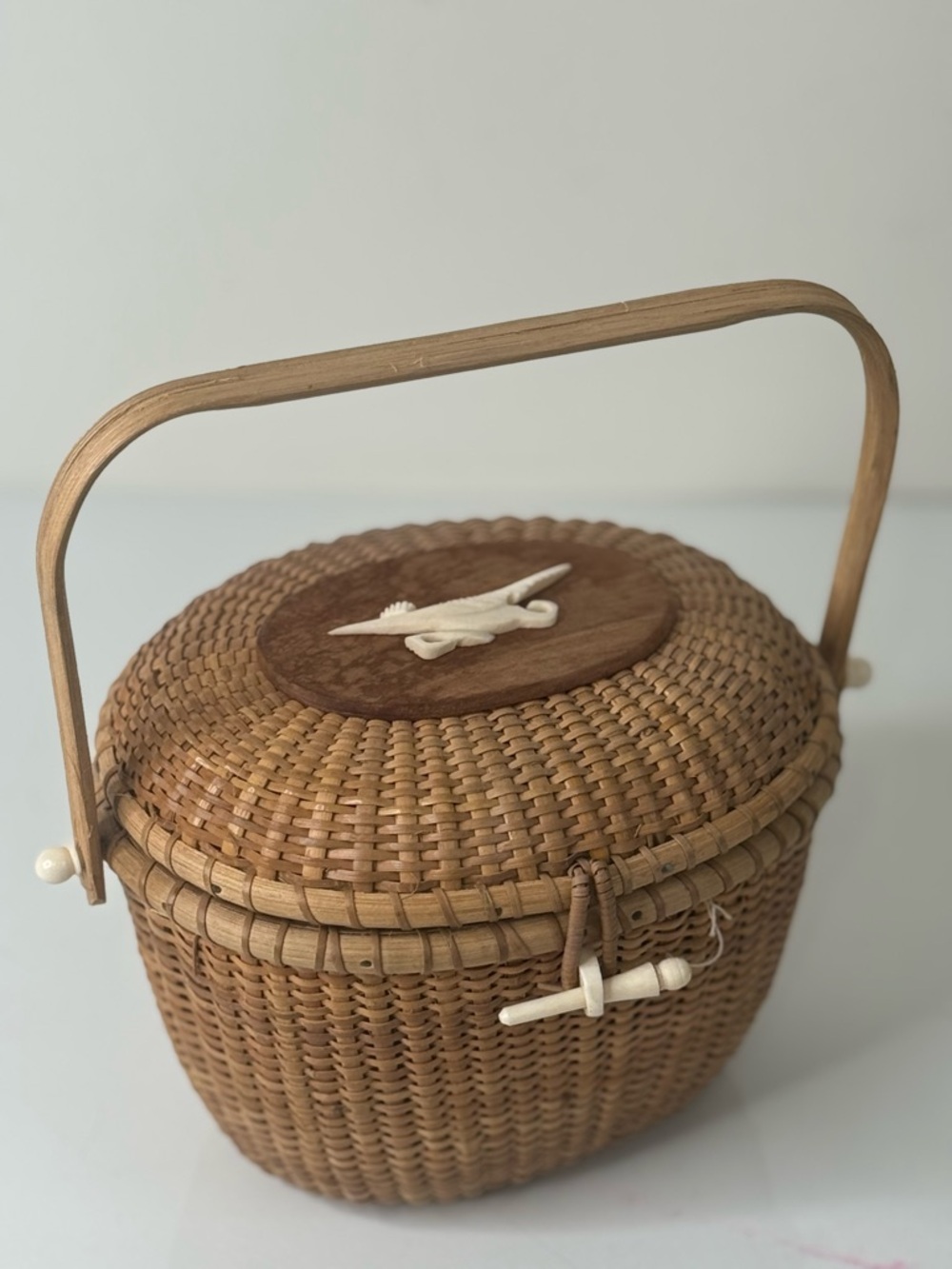 Vintage Nantucket Basket Handbag with Bird - Picture 2 of 9